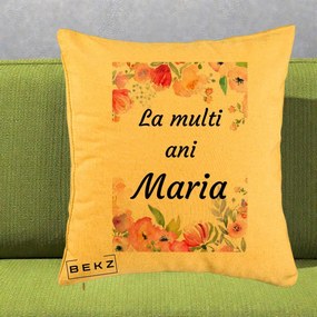 Cadou de Onomastica - Perna Personalizata La Multi Ani Maria Flori Acuarela, 40x40 cm, Galben, Husa Detasabila, Perna Inclusa, BEKZ®