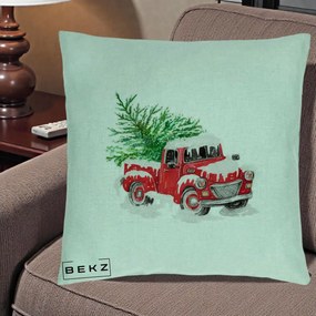 Perna Decorativa Camioneta Rosie Brad de Craciun, 40x40 cm, Verde Menta, Husa Detasabila, Perna Inclusa, BEKZ®