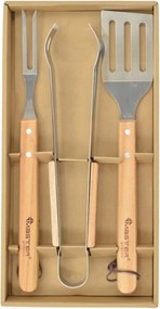Set ustensile pentru gratar MasterGrill MG110, 4 piese, Cleste, Spatula, Furculita, Cutia, Inox/Lemn