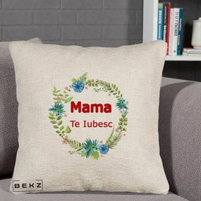 Cadou pentru Mama - Perna Personalizata Mama Te Iubesc Flori Albastre, 40x40 cm, Bej Canapea, Husa Detasabila, Perna Inclusa, BEKZ®
