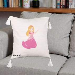 Perna Personalizata Printesa Roz cu Microfon, 40x40 cm, Bej cu Franjuri, Husa Detasabila, Perna Inclusa, BEKZ®