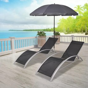 42161 vidaXL Șezlonguri de plajă cu umbrelă, negru, aluminiu