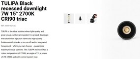 Spot LED incastrabil TULIPA Black recessed downlight 7W 15° 2700K CRI90 triac
