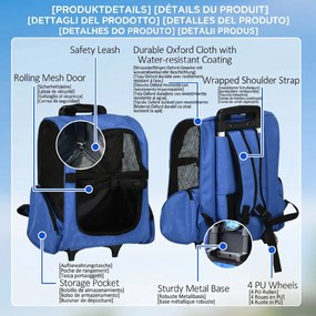 PawHut Rucsac 2-în-1 pentru Câini și Pisici cu Buzunare Laterale, Mâner Telescopic și Roti, 42x25x55 cm, Albastru | Aosom Romania
