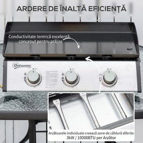 Gratar Plita pe Gaz Outsunny, 3 Arzatoare, Otel Inoxidabil, 9kW, Antiaderent| Aosom RO | Aosom Romania