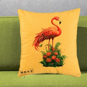 Perna Decorativa Flamingo cu Trandafiri Tropicali, 40x40 cm, Galben, Husa Detasabila, Perna Inclusa, BEKZ®