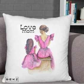 Cadou pentru Mama - Perna Personalizata Love Mom Rochii Roz, 40x40 cm, Alb Pufos, Husa Detasabila, Perna Inclusa, BEKZ®