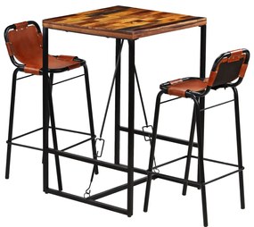 vidaXL Set bar, 3 piese, lemn masiv reciclat &amp; piele naturală de capră