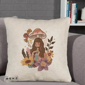 Perna Decorativa Fata Ciuperca Boho Florala, 40x40 cm, Bej Canapea, Husa Detasabila, Perna Inclusa, BEKZ®
