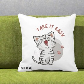 Perna Personalizata Take It Easy Cat, 40x40 cm, Alba Mata, Husa Detasabila, Perna Inclusa, BEKZ®