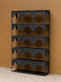 Etajeră din metal, negru, cu patină vintage, 5 rafturi și arcade decorative, finisaj antichizat, 194 x 120 x 34,5 cm, „Alhambra”