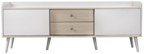 Comodă TV cu 2 sertare, uși glisante cu dungi și picioare stabile din lemn, 160x40x58 cm, Alb