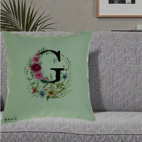 Cadou Personalizat - Perna Personalizata Monogram Litera G cu Flori Acuarela, 40x40 cm, Verde, Husa Detasabila, Perna Inclusa, BEKZ®