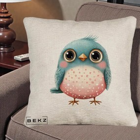 Perna Decorativa Pasare Teal-Roz cu Pete, 40x40 cm, Bej Canapea, Husa Detasabila, Perna Inclusa, BEKZ®
