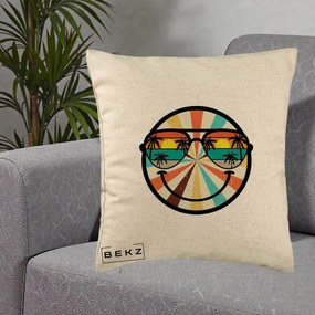 Perna Decorativa Smiley Face Retro Sunset Palmieri, 40x40 cm, Bej, Husa Detasabila, Perna Inclusa, BEKZ®