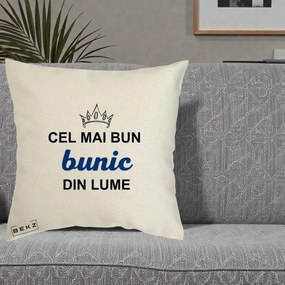 Cadou pentru Bunic - Perna Personalizata Cel Mai Bun Bunic Din Lume Coroana Albastra, 40x40 cm, Ecru, Husa Detasabila, Perna Inclusa, BEKZ®
