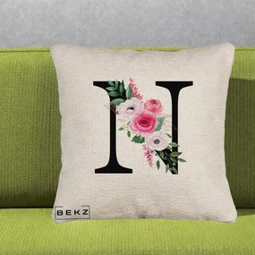 Cadou Personalizat - Perna Personalizata Monograma Florala Litera N, 40x40 cm, Bej Canapea, Husa Detasabila, Perna Inclusa, BEKZ®