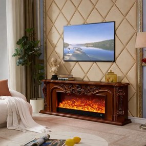 Șemineu electric cu efect LED realist cu 12 culori, Comodă TV, design clasic elegant, control vocal și telecomandă, fără încălzire, 200 cm, Maro