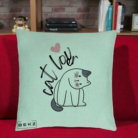 Perna Personalizata Cat Lover Pisica Ilustratie Linie, 40x40 cm, Verde Menta, Husa Detasabila, Perna Inclusa, BEKZ®