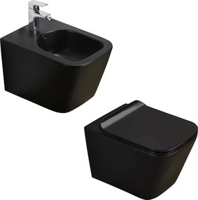 Pachet vas wc negru mat, capac slim softclose si bideu suspendat negru mat Rune Jord
