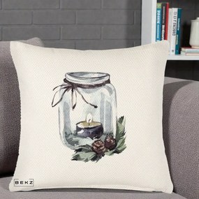 Perna Decorativa Felinar cu Lumanare si Conuri, 40x40 cm, Crem Reliefat, Husa Detasabila, Perna Inclusa, BEKZ®