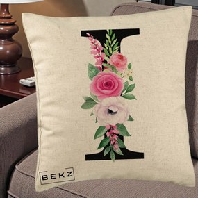 Cadou Personalizat - Perna Personalizata Monograma Florala Litera I, 40x40 cm, Bej, Husa Detasabila, Perna Inclusa, BEKZ®