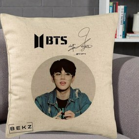 Perna Personalizata K-pop BTS Jimin Portret Cerc Autograf Geaca, 40x40 cm, Bej, Husa Detasabila, Perna Inclusa, BEKZ®