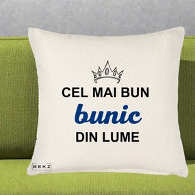Cadou pentru Bunic - Perna Personalizata Cel Mai Bun Bunic Din Lume Coroana Albastra, 40x40 cm, Crem Reliefat, Husa Detasabila, Perna Inclusa, BEKZ®