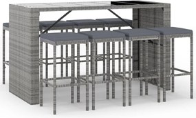 vidaXL Set mobilier bar de grădină, cu perne, 9 piese, gri, poliratan