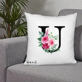 Cadou Personalizat - Perna Personalizata Monograma Florala Litera U, 40x40 cm, Alb Pufos, Husa Detasabila, Perna Inclusa, BEKZ®
