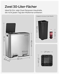 Cos de reciclare, Songmics, 2 compartimente, LTB60NL, 2 x 30 L