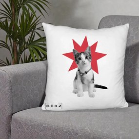 Perna Decorativa Pisica Star Pop Art, 40x40 cm, Alb Pufos, Husa Detasabila, Perna Inclusa, BEKZ®