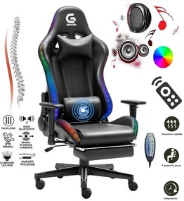 Scaun gaming, Masaj si Incalzire, Sistem iluminare banda LED RGB, Boxe Bluetooth, funcție șezlong, 90-180 grade, suport picioare, sezut benzi elastice sustinere, PU, Negru