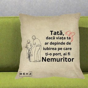 Cadou pentru Tata - Perna Personalizata Tata Nemuritor Bicicleta, 40x40 cm, Crem, Husa Detasabila, Perna Inclusa, BEKZ®