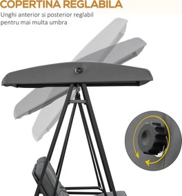 Outsunny Balansoar de Grădină 2 Locuri cu Acoperiș Reglabil și Perne, 144x117x173 cm, Gri Închis | Aosom Romania