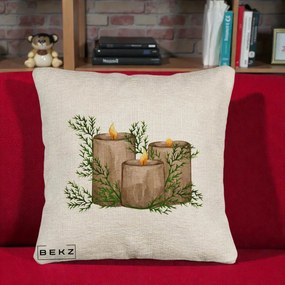 Perna Decorativa Lumanari Rustice cu Crengute Brad, 40x40 cm, Bej Canapea, Husa Detasabila, Perna Inclusa, BEKZ®