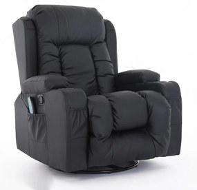 RESIGILAT-Fotoliu Masaj, Incalzire, rabatabil, pivotant, suport picioare extensibil, piele ecologica Premium, Negru