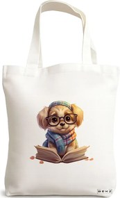 Sacosa de Panza pentru Cumparaturi, Geanta Tote, model Reading puppy 22 38 x 34.5 cm, Alba, BEKZ®