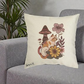 Perna Decorativa Pisica Vintage Florala Boho, 40x40 cm, Ecru, Husa Detasabila, Perna Inclusa, BEKZ®