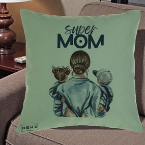Cadou pentru Mama - Perna Personalizata Super Mom, 40x40 cm, Verde, Husa Detasabila, Perna Inclusa, BEKZ®