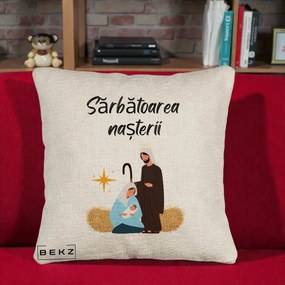 Perna Decorativa Nasterea Domnului Sfanta Familie Sarbatoarea Nasterii, 40x40 cm, Bej Canapea, Husa Detasabila, Perna Inclusa, BEKZ®