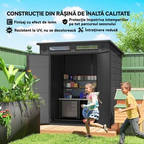 Outsunny Magazie de Grădină 2.89m² din PP și Aluminiu cu Podea, Depozit Grădină cu Uși Duble cu Încuietoare, Aerisiri, 3 Ferestre, Acoperiș Înclinat, Mănuși, Gri Închis | Aosom Romania
