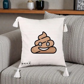 Perna Decorativa Emoji Poop Funny, 40x40 cm, Bej cu Franjuri, Husa Detasabila, Perna Inclusa, BEKZ®