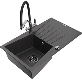 Mexen Cesar chiuvetă de granit cu 1 compartiment și scurgător și baterie de bucătărie Duo, negru cu pete - 6514-76-671701-07-B