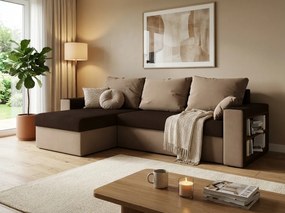 Set canapea extensibila, reversibila in forma de L NORIX 240x140 cm, maro inchis/maro deschis cu raft + 2 perne GRATUIT