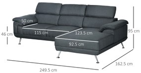 HOMCOM Canapea de Colț cu 3 Locuri pentru Camera de Zi, Colțar din Material Textil cu Tetieră Reglabilă, 249.5x162.5x95 cm, Gri | Aosom Romania