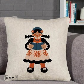 Perna Personalizata Fetita cu Carte Ilustratie Folk, 40x40 cm, Bej Canapea, Husa Detasabila, Perna Inclusa, BEKZ®