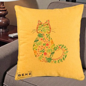 Perna Decorativa Pisica Florala Acuarela, 40x40 cm, Galben, Husa Detasabila, Perna Inclusa, BEKZ®