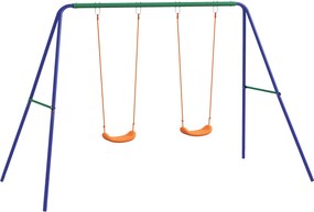 Outsunny Set de leagan pentru copii, Cadru metalic de leagan pentru exterior cu scaune duble de leagan, tarusi de sol