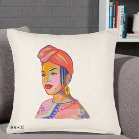 Perna Decorativa Portret Femeie Africana, 40x40 cm, Crem Reliefat, Husa Detasabila, Perna Inclusa, BEKZ®